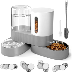 AIOSC 2 in 1 Automatic Gravity Cat Dog Feeder and Water Dispenser with 304 Stainless Steel Bowls, 360 Degree Rotatable Auto Food with 2 Specialized Brushes for Small Medium Pet Dog Puppy Kitten