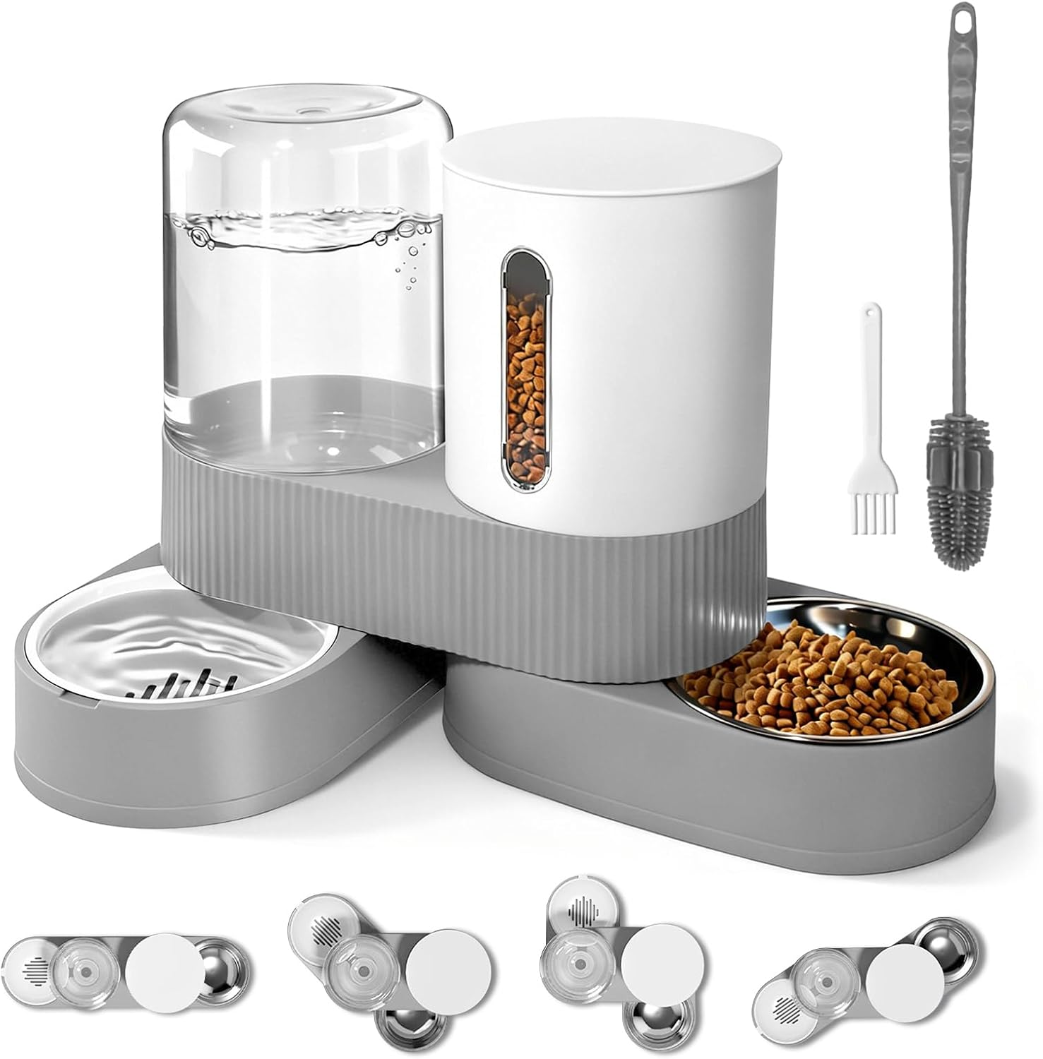 AIOSC 2 in 1 Automatic Gravity Cat Dog Feeder and Water Dispenser with 304 Stainless Steel Bowls, 360 Degree Rotatable Auto Food with 2 Specialized Brushes for Small Medium Pet Dog Puppy Kitten