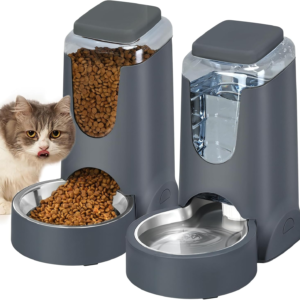 AIOSC Automatic Cat Feeder and Water Dispenser with Stainless Steel Bowl Dog Gravity Food Feeder and Waterer for Small Medium Pets Puppy Kitten 1 Gallon x 2