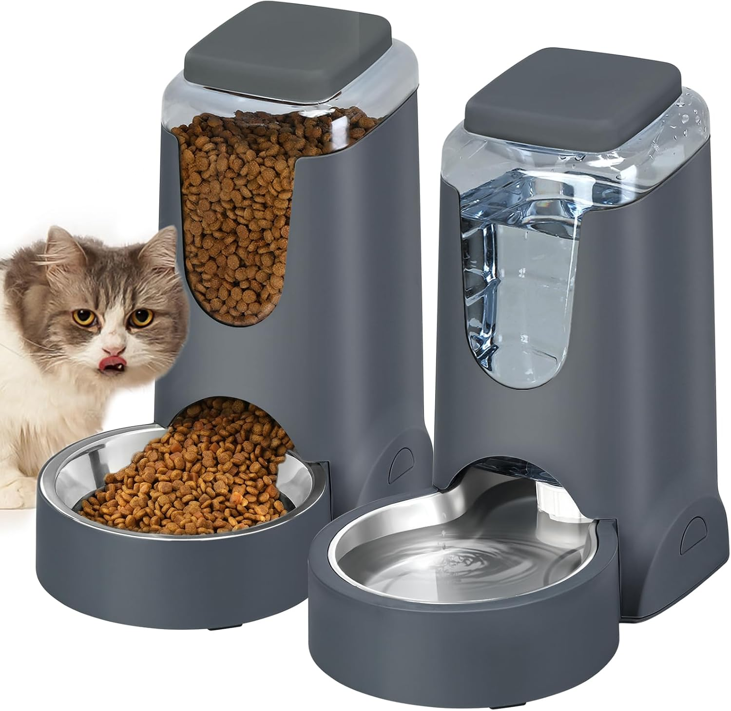 AIOSC Automatic Cat Feeder and Water Dispenser with Stainless Steel Bowl Dog Gravity Food Feeder and Waterer for Small Medium Pets Puppy Kitten 1 Gallon x 2