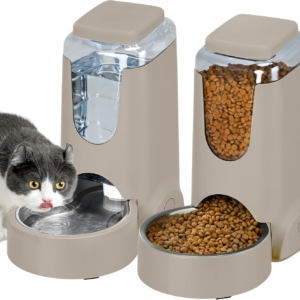 AIOSC 2 Pack Automatic Cat Feeder and Stainless Steel Water Dispenser, Gravity Dog Waterer Set Food Feeder and Waterer Set for Small Medium Kitten Puppy Pets(1 Gallon x 2, Brown)