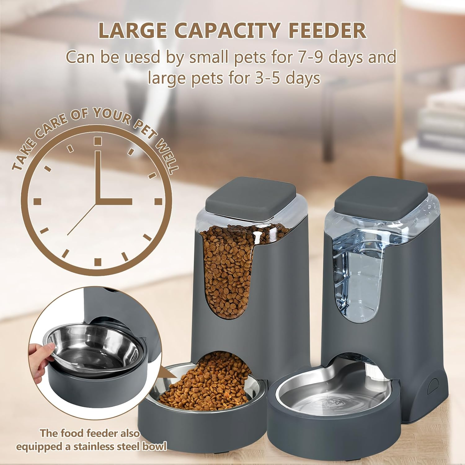 AIOSC Automatic Cat Feeder and Water Dispenser with Stainless Steel Bowl Dog Gravity Food Feeder and Waterer for Small Medium Pets Puppy Kitten 1 Gallon x 2 - Image 4