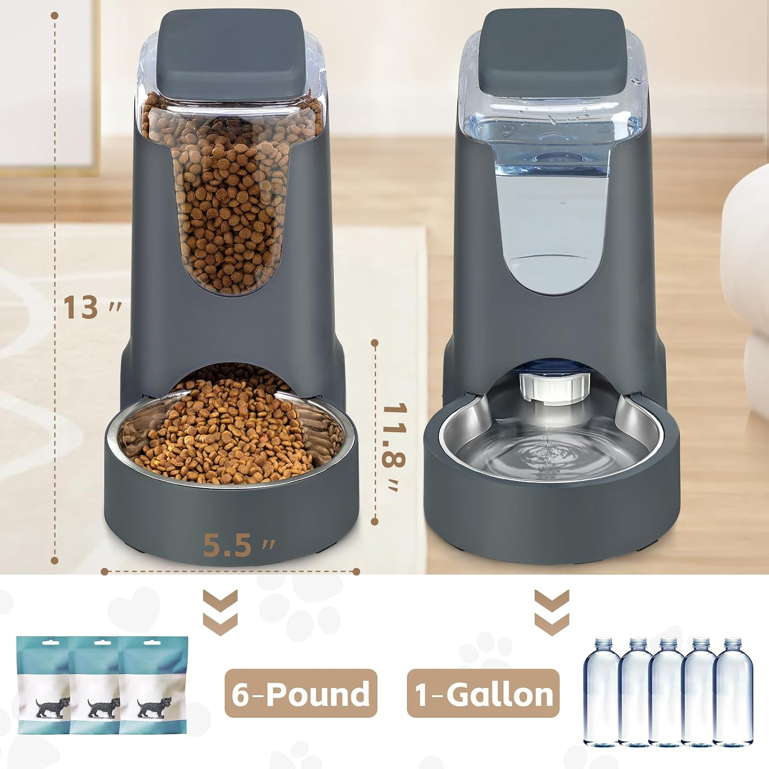 AIOSC Automatic Cat Feeder and Water Dispenser with Stainless Steel Bowl Dog Gravity Food Feeder and Waterer for Small Medium Pets Puppy Kitten 1 Gallon x 2 - Image 6