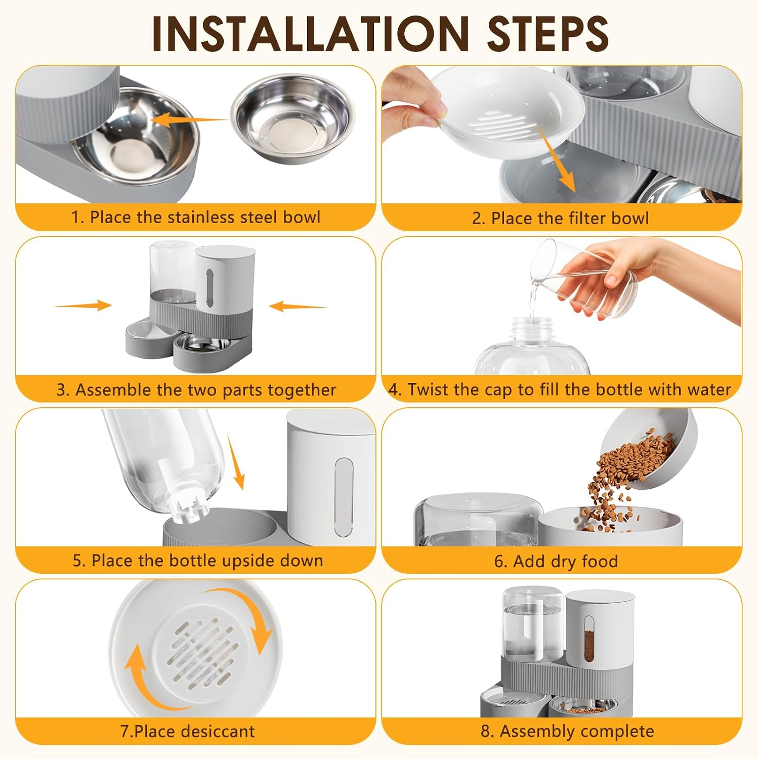 AIOSC 2 in 1 Automatic Gravity Cat Dog Feeder and Water Dispenser with 304 Stainless Steel Bowls, 360 Degree Rotatable Auto Food with 2 Specialized Brushes for Small Medium Pet Dog Puppy Kitten - Image 2